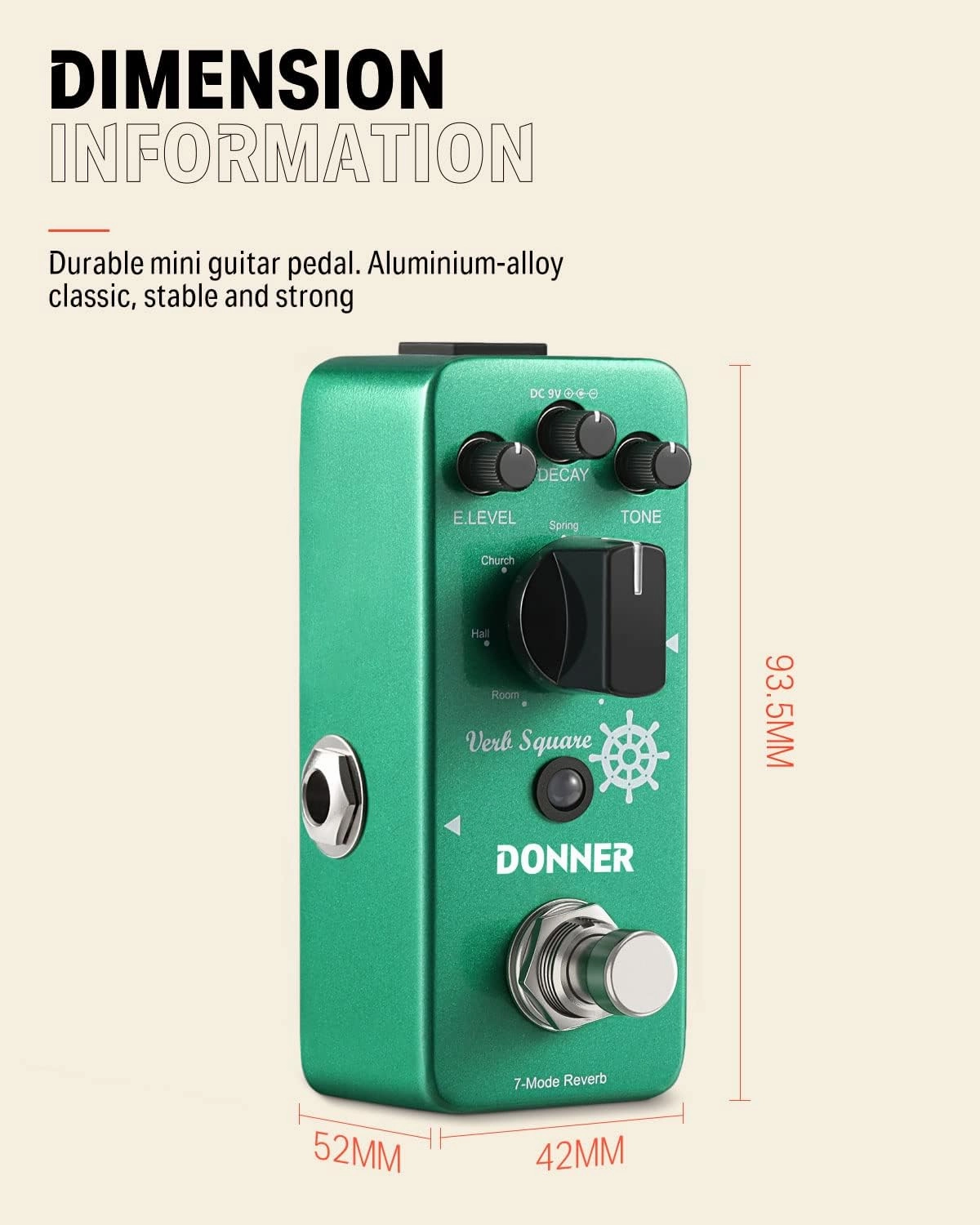 Donner Reverb Guitar Pedal, Verb Square Digital Reverb 7 Modes Room, Hall, Church, Spring, Plate, Studio, Mod, True Bypass