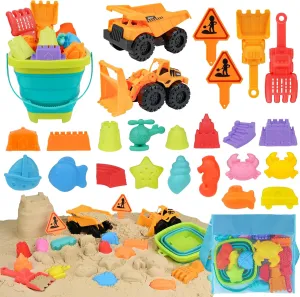 Dreamon Beach Sand Toys for Kids, Sandbox Toys with Collapsible Beach Bucket, 2 Dump Trucks, Mesh Bag, Shovel Sieve, Sand Castle Building Kit, Animal Molds, Travel Beach Toys for Toddler Boys Girls