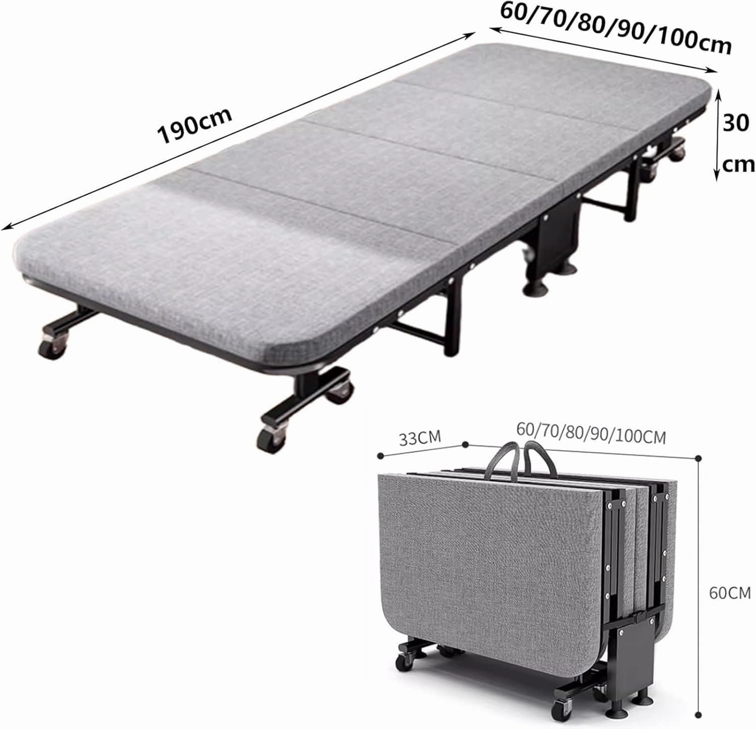Durable Steel Frame Camping Cot, Space Saving Fold Up Bed with Universal Wheels, Portable Foldable Bed with Sponge Mats