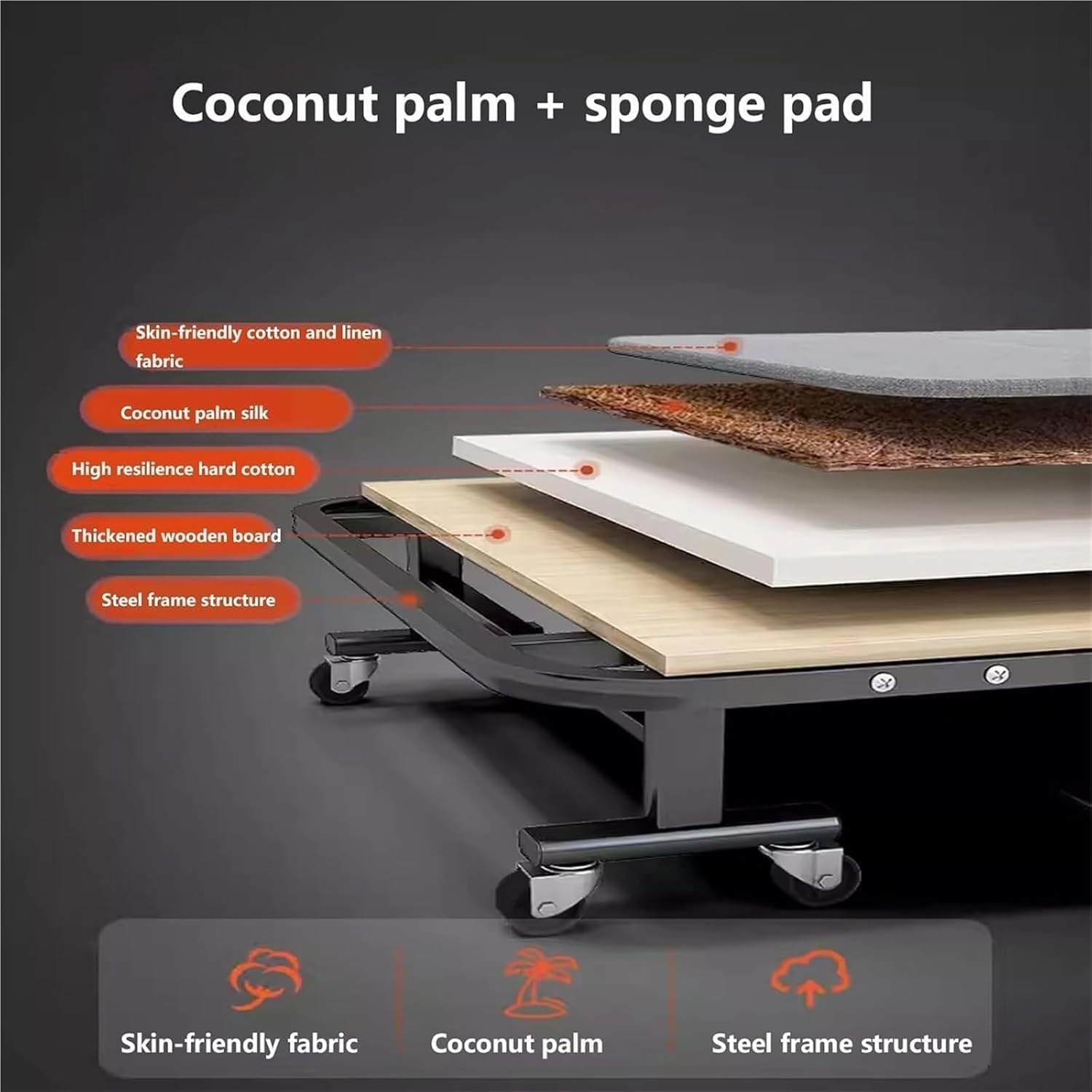 Durable Steel Frame Camping Cot, Space Saving Fold Up Bed with Universal Wheels, Portable Foldable Bed with Sponge Mats