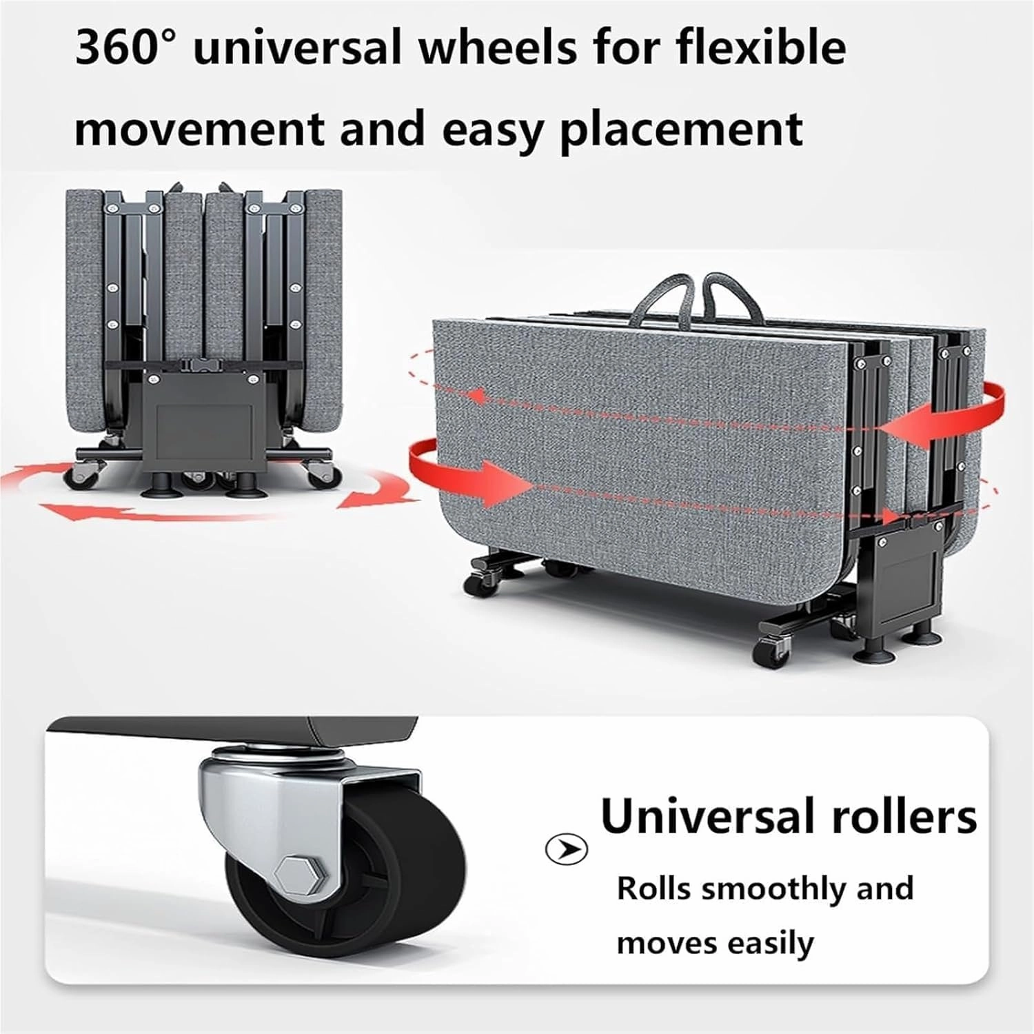 Durable Steel Frame Camping Cot, Space Saving Fold Up Bed with Universal Wheels, Portable Foldable Bed with Sponge Mats