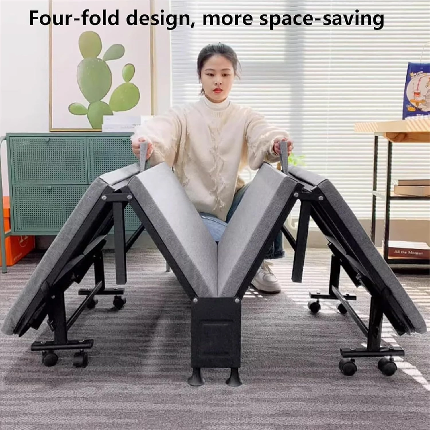Durable Steel Frame Camping Cot, Space Saving Fold Up Bed with Universal Wheels, Portable Foldable Bed with Sponge Mats