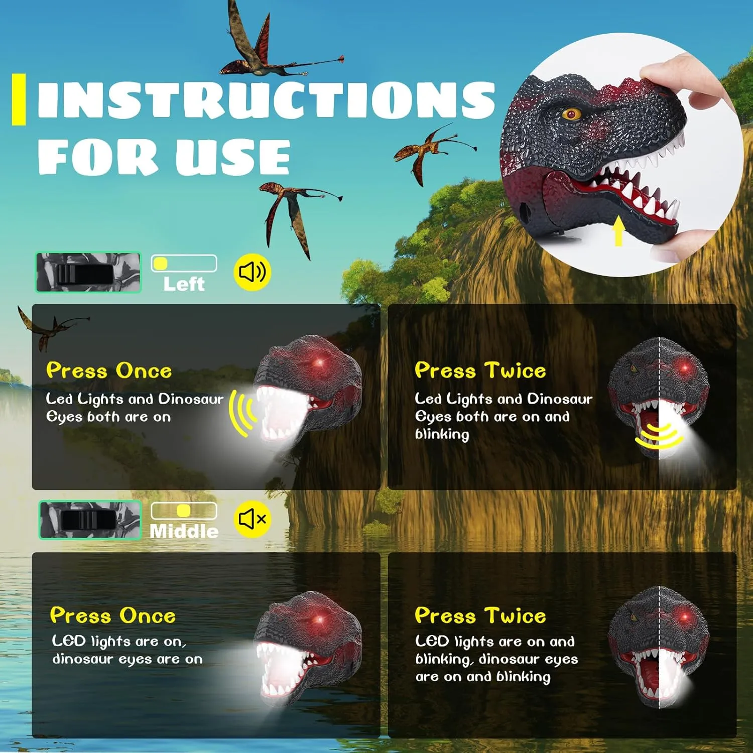 Dysaim Kids Headlamp,Dinosaur Headlamp for Kids LED Head Lamp Camping Gear Flashlight,Hiking Accessories Headlight,Ideal Gift Toys Suitable for Reading Birthday Halloween Xmas Party