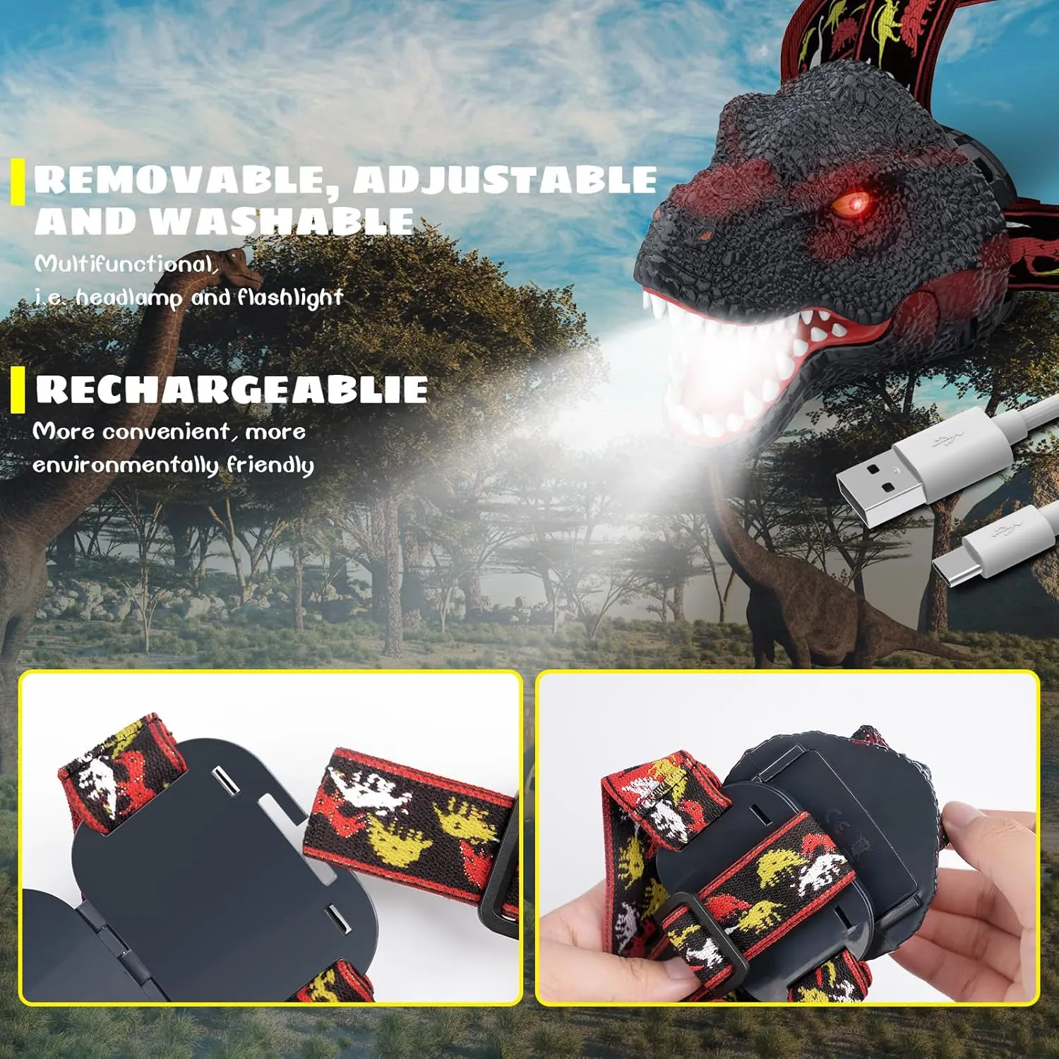 Dysaim Kids Headlamp,Dinosaur Headlamp for Kids LED Head Lamp Camping Gear Flashlight,Hiking Accessories Headlight,Ideal Gift Toys Suitable for Reading Birthday Halloween Xmas Party