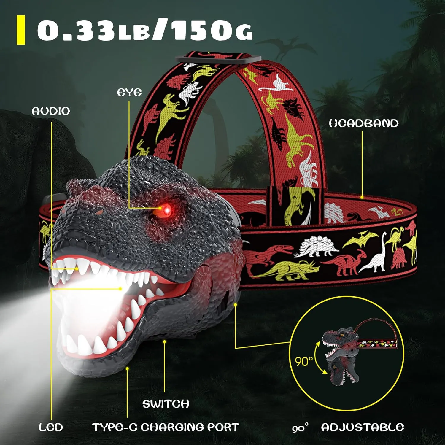 Dysaim Kids Headlamp,Dinosaur Headlamp for Kids LED Head Lamp Camping Gear Flashlight,Hiking Accessories Headlight,Ideal Gift Toys Suitable for Reading Birthday Halloween Xmas Party