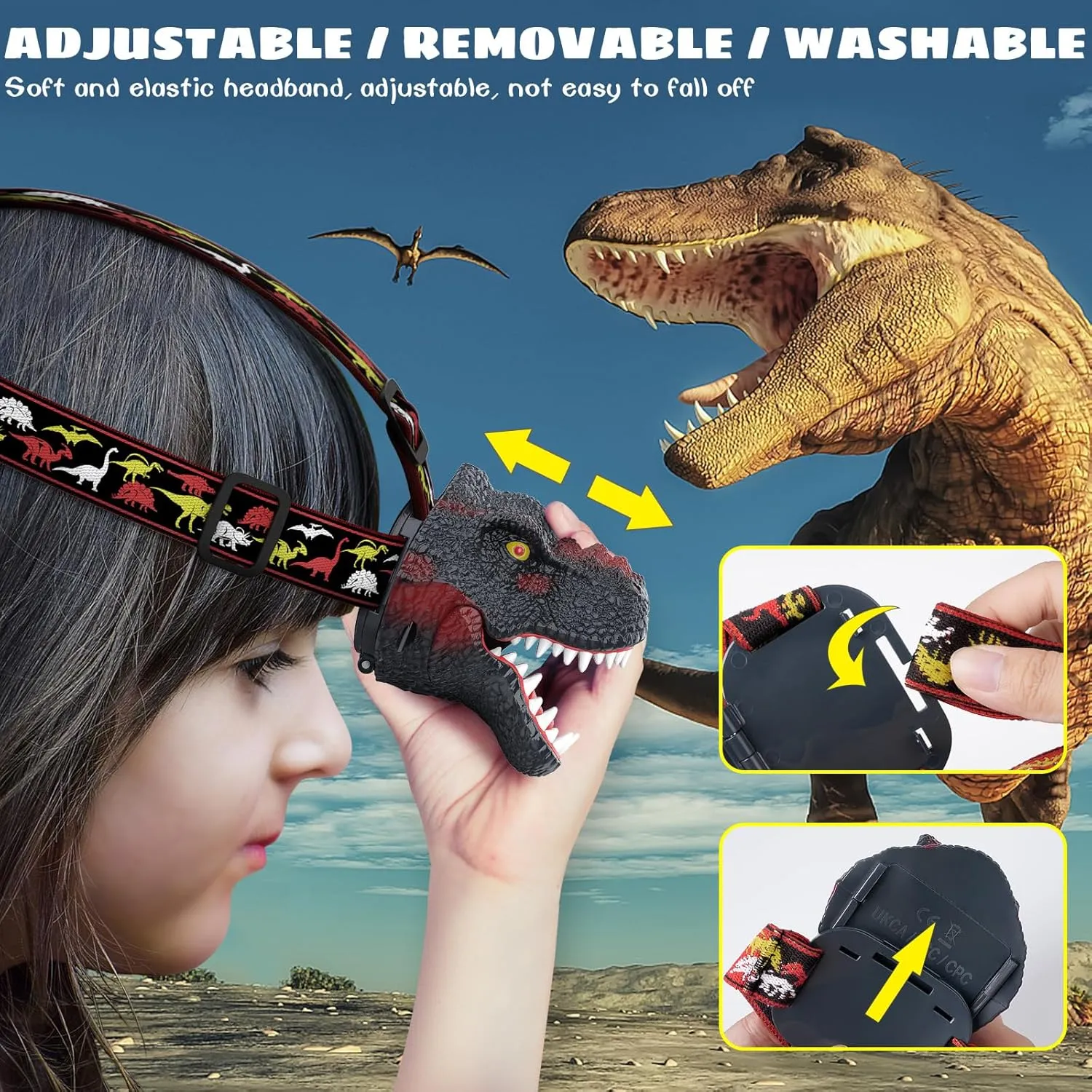 Dysaim Kids Headlamp,Dinosaur Headlamp for Kids LED Head Lamp Camping Gear Flashlight,Hiking Accessories Headlight,Ideal Gift Toys Suitable for Reading Birthday Halloween Xmas Party