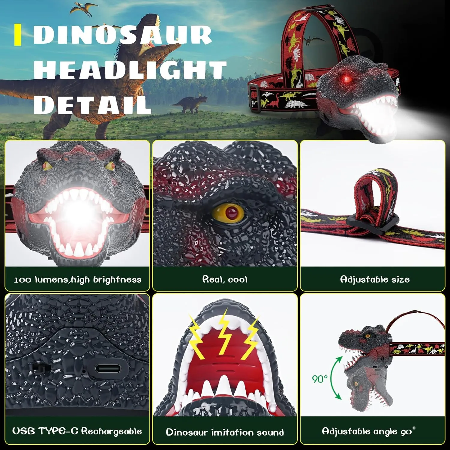 Dysaim Kids Headlamp,Dinosaur Headlamp for Kids LED Head Lamp Camping Gear Flashlight,Hiking Accessories Headlight,Ideal Gift Toys Suitable for Reading Birthday Halloween Xmas Party