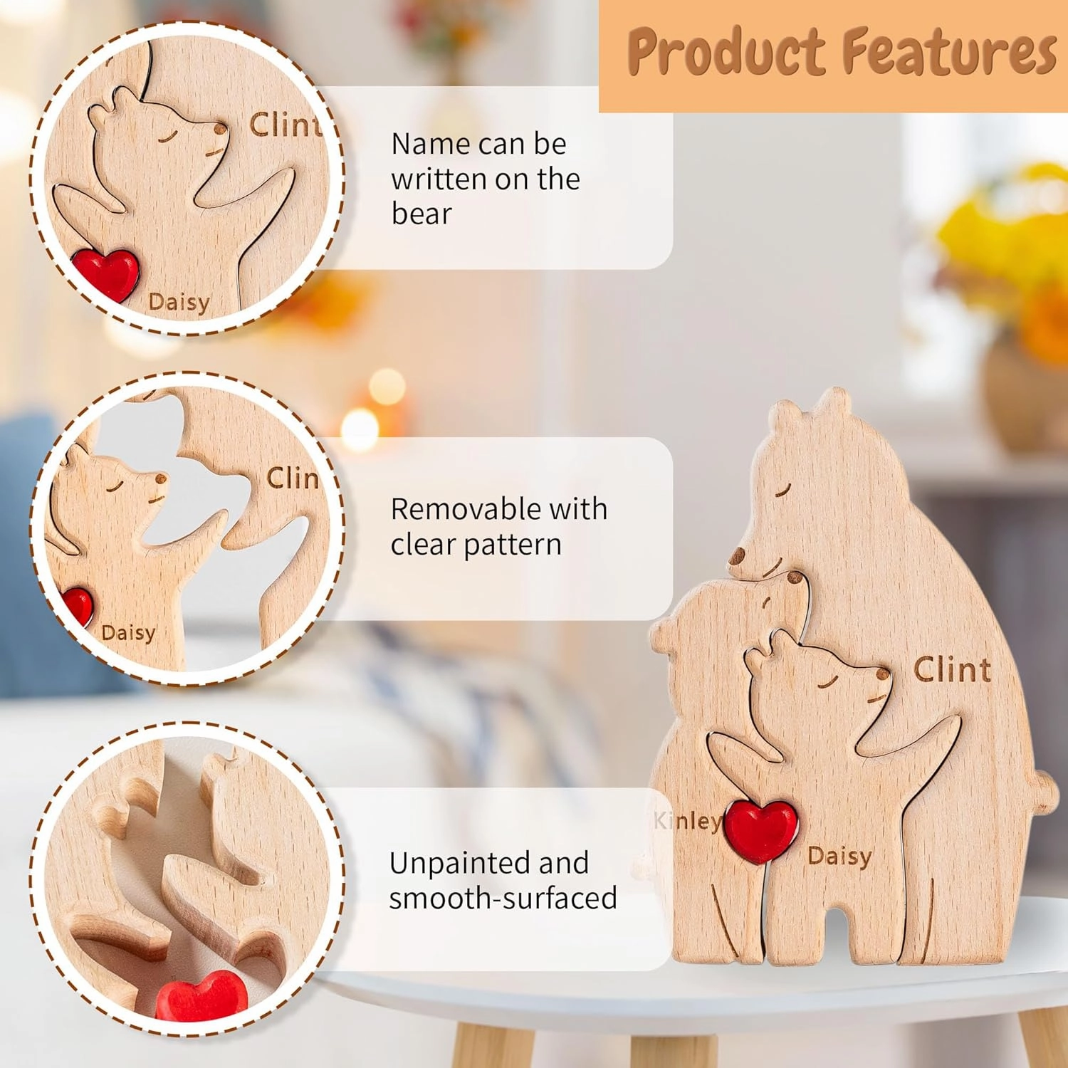 Easycosy Personalized Wooden Bear Puzzle, Custom Family Puzzle with 2-7 Names, Customized Wooden Jigsaw Sculpture, Personalized Gift for Mom, Dad, Christmas, Mother's Day, Birthday