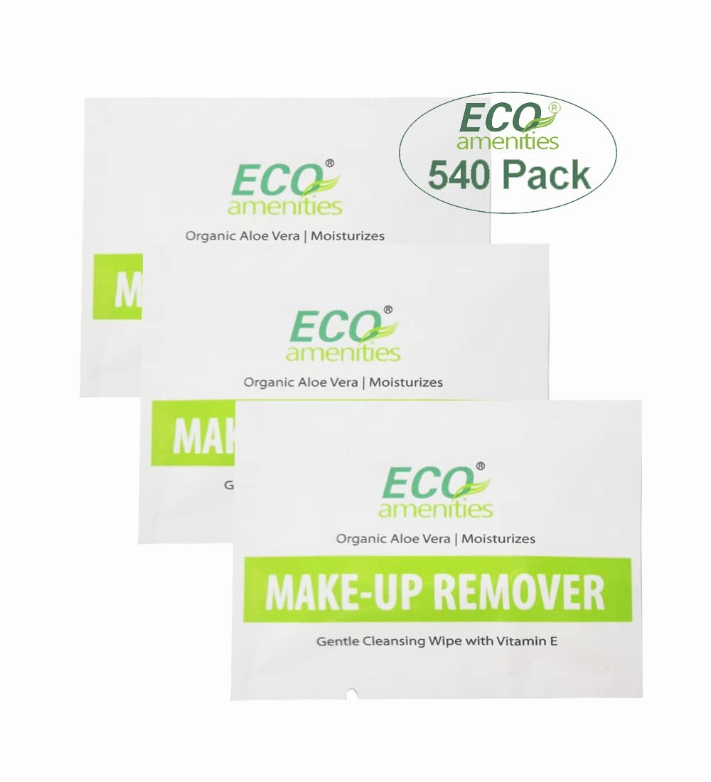 ECO Amenities Aloe Vera and Vitamin E Enriched Makeup Remover Wipes Individually Wrapped Facial Towelettes Skin Cleansing Wipes, 540 Count