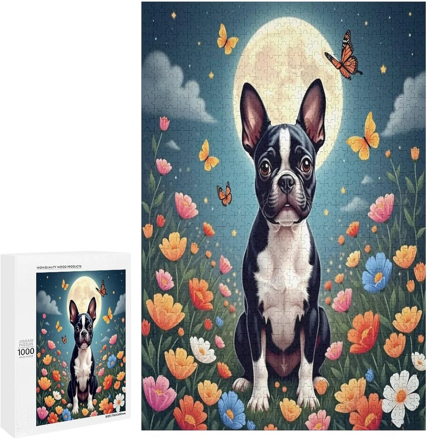 Education Intellectual Toy Puzzle 1000 Pieces Grassland Flowers Boston Terrier Wooden Puzzle Art DIY Toy Gift Fun Challenging Jigsaw Puzzles for Adults, Educational Gift Art Home Decor