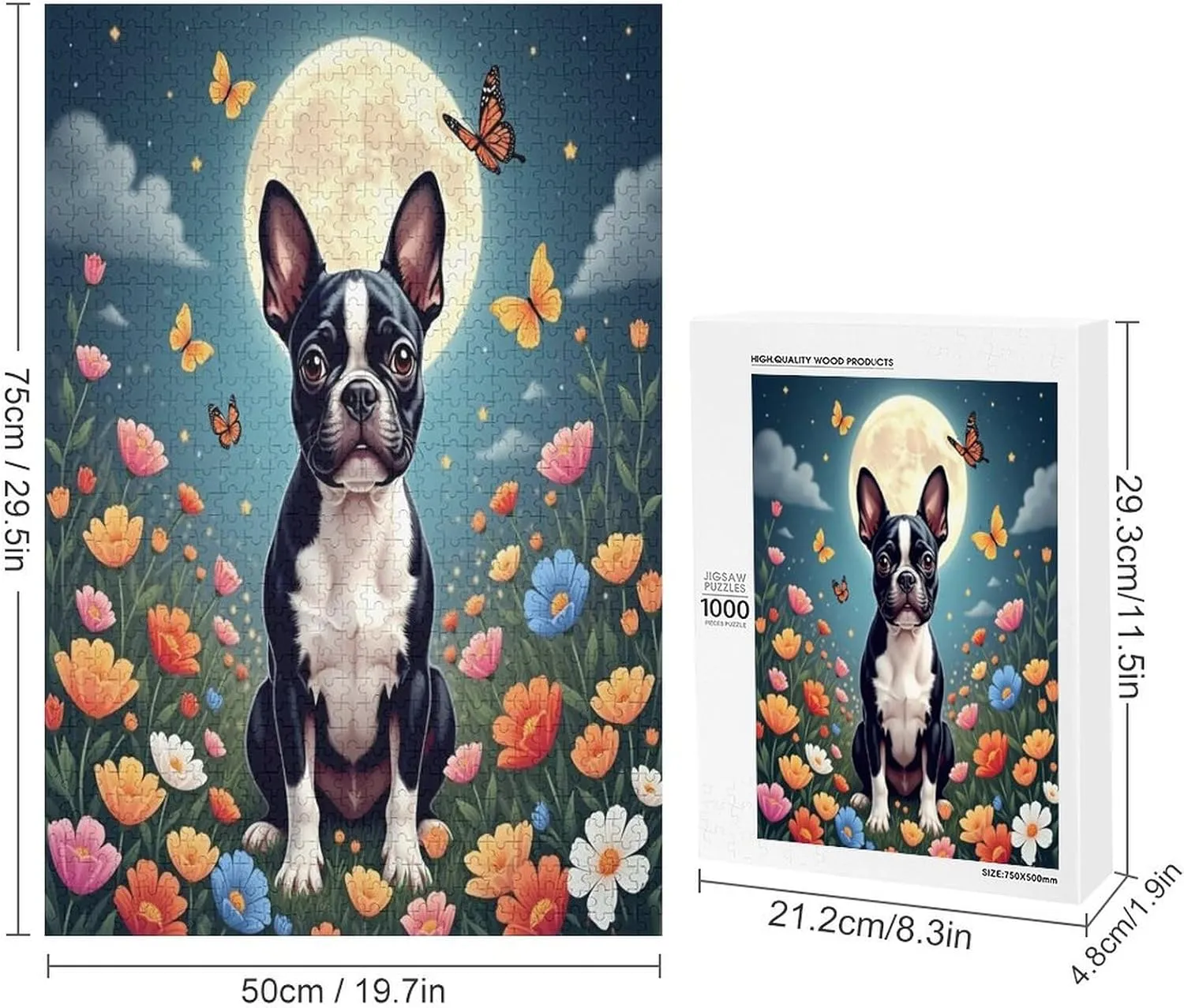 Education Intellectual Toy Puzzle 1000 Pieces Grassland Flowers Boston Terrier Wooden Puzzle Art DIY Toy Gift Fun Challenging Jigsaw Puzzles for Adults, Educational Gift Art Home Decor