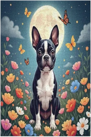Education Intellectual Toy Puzzle 1000 Pieces Grassland Flowers Boston Terrier Wooden Puzzle Art DIY Toy Gift Fun Challenging Jigsaw Puzzles for Adults, Educational Gift Art Home Decor