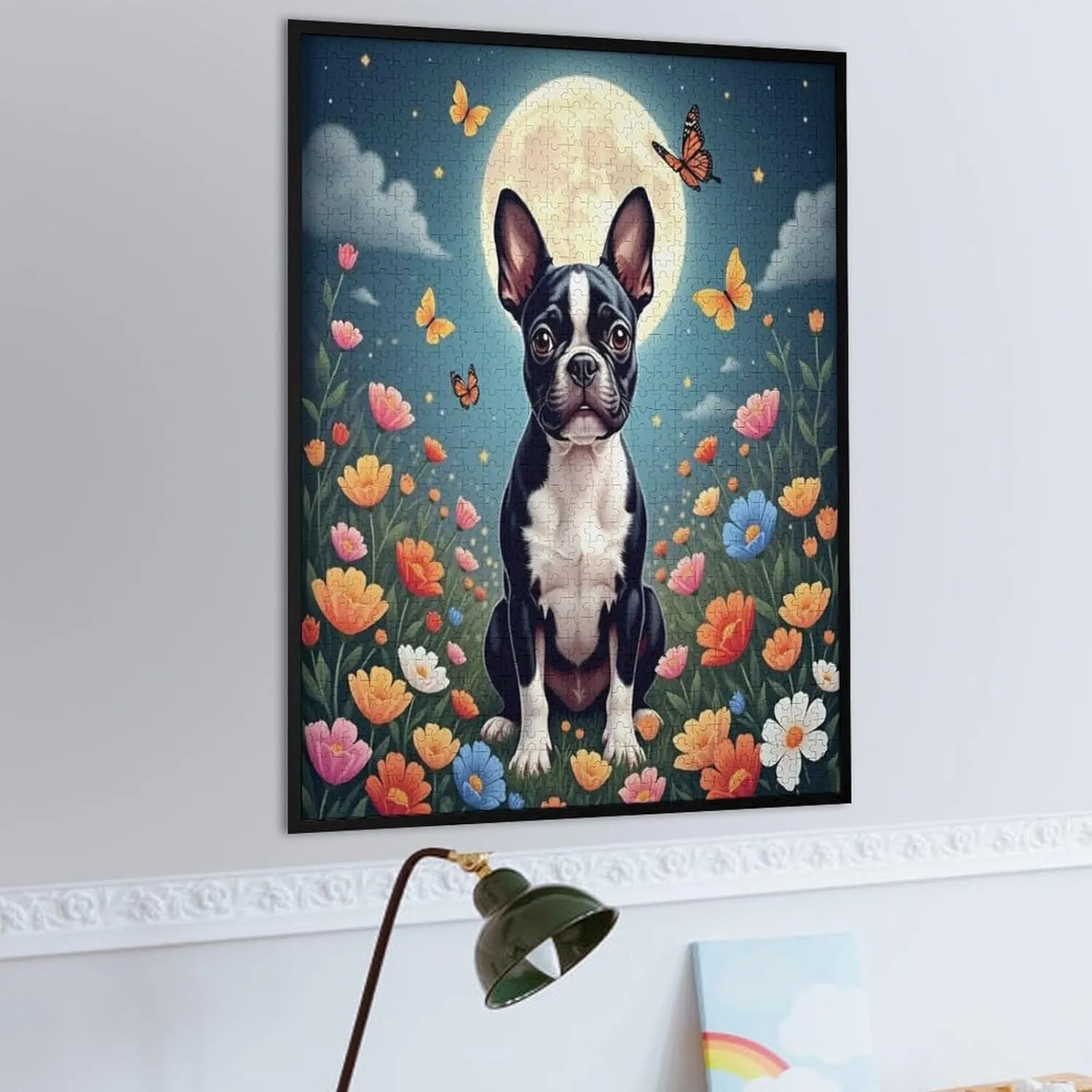 Education Intellectual Toy Puzzle 1000 Pieces Grassland Flowers Boston Terrier Wooden Puzzle Art DIY Toy Gift Fun Challenging Jigsaw Puzzles for Adults, Educational Gift Art Home Decor