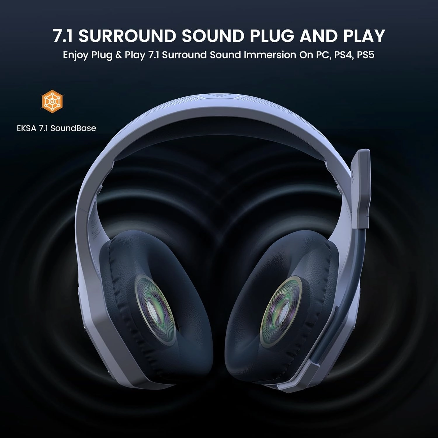 EKSA E1000WT Wireless Gaming Headset,2.4GHz USB Gaming Headphones with Microphone for PC, PS5, PS4, Nintendo Switch, 7.1 Surround Sound Gaming Headset, RGB Light, Ergonomic Design for Birthday Gift