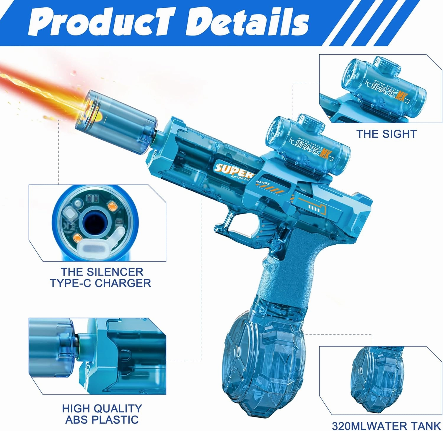 Electric Water Gun Fire Flash Upgraded, 320 Capacity Water Pistol Toy Squirt Gun for Kids Adults, Summer Outdoor Toy Yard Beach Swimming Water Play Toys (Blue)