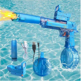Electric Water Gun for Adults Kids, with LED Muzzle Flash Lights, 26-32 FT Long Range, Large Capacity Tank, Outdoor Pool Beach Party Shooting Toys (Blue)