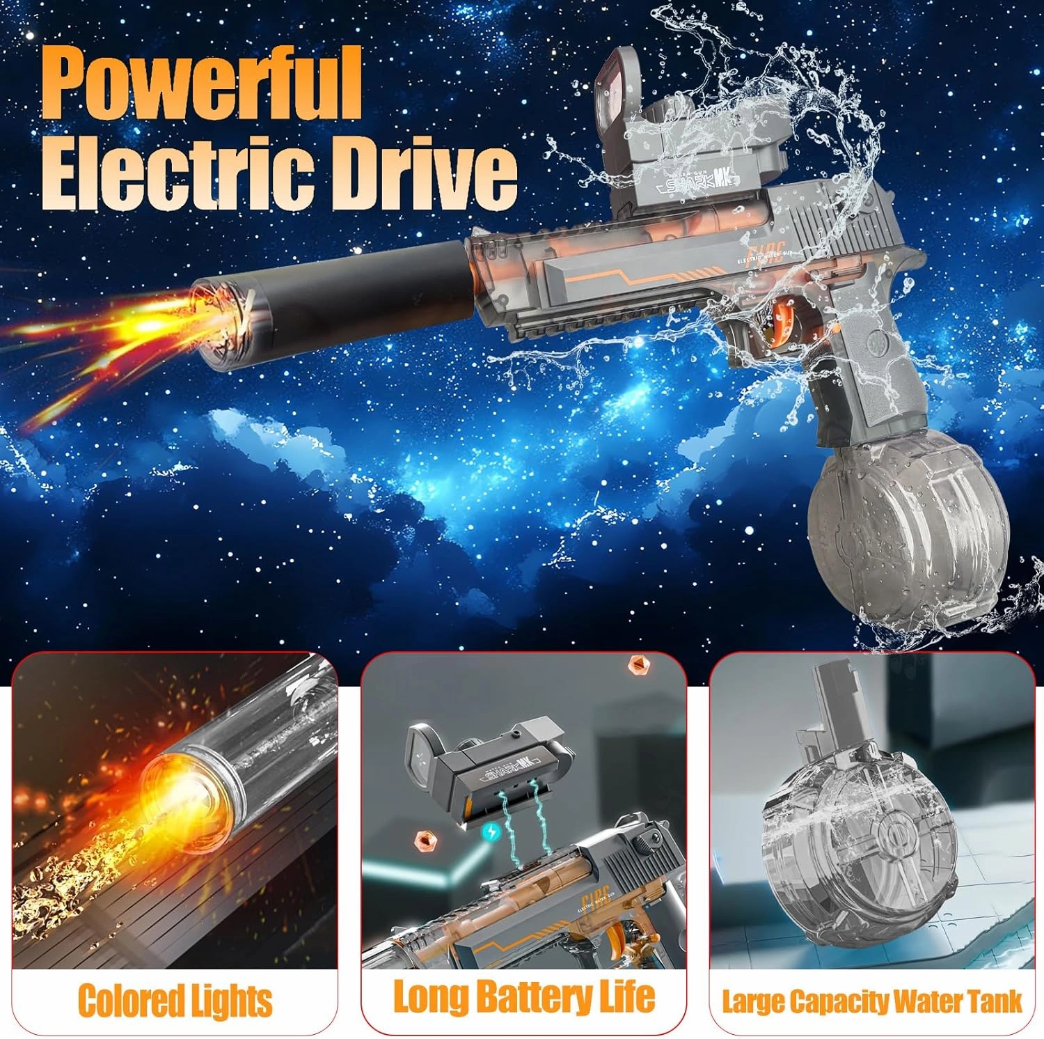 Electric Water Gun for Adults Kids, with LED Muzzle Flash Lights, 26-32 FT Long Range, Large Capacity Tank, Outdoor Pool Beach Party Shooting Toys (Blue)