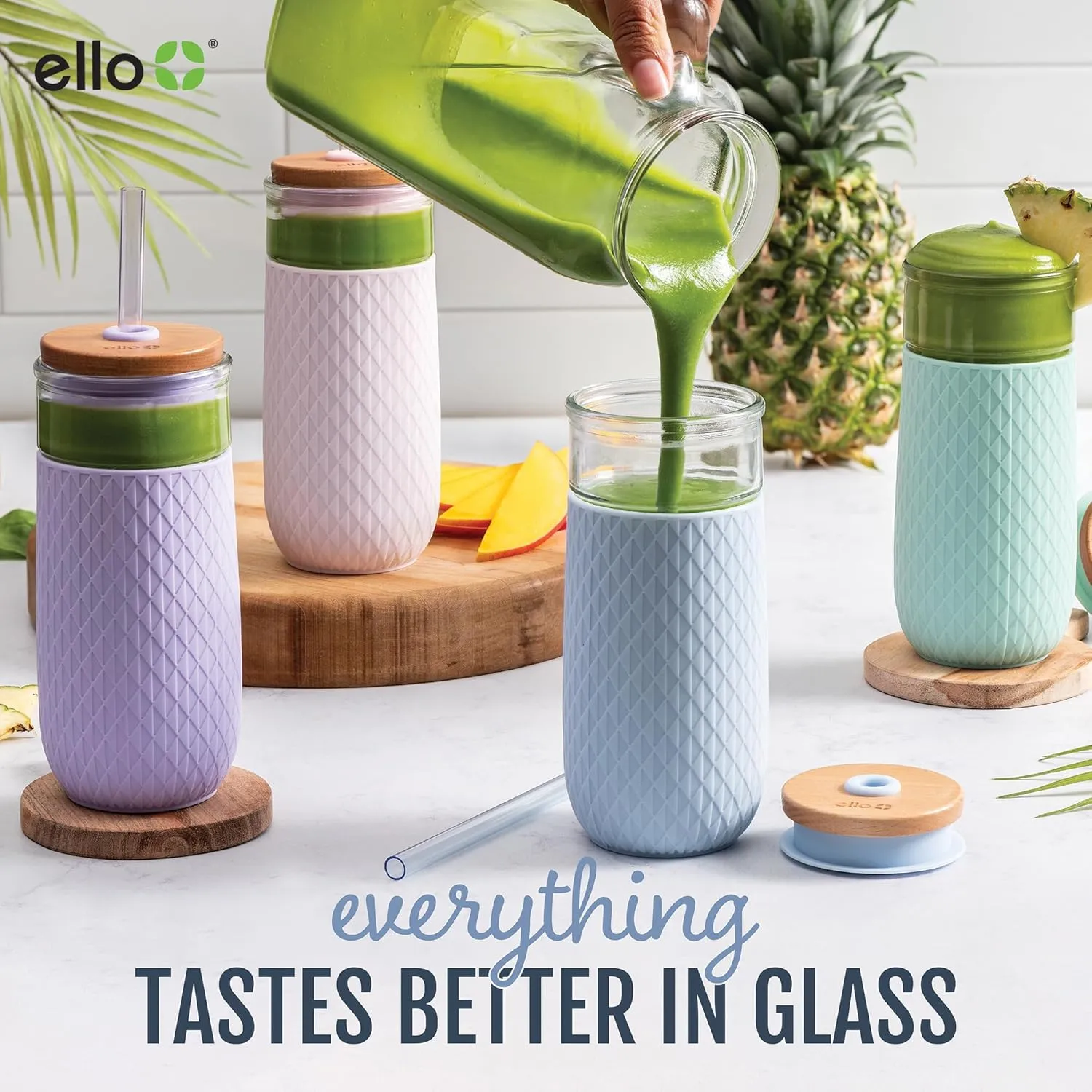 Ello Devon Glass Tumbler with Straw, Friction Fit Bamboo Wood Lid and Silicone Sleeve