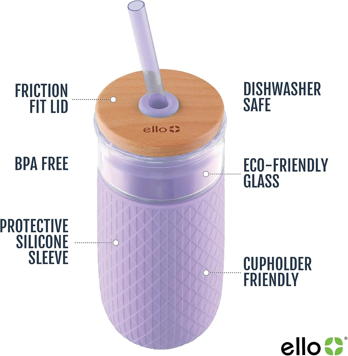 Ello Devon Glass Tumbler with Straw, Friction Fit Bamboo Wood Lid and Silicone Sleeve