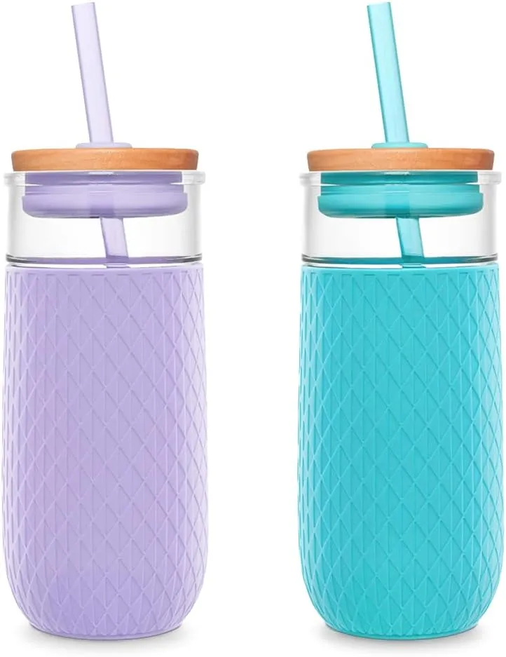 Ello Devon Glass Tumbler with Straw, Friction Fit Bamboo Wood Lid and Silicone Sleeve