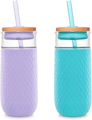 Ello Devon Glass Tumbler with Straw, Friction Fit Bamboo Wood Lid and Silicone Sleeve