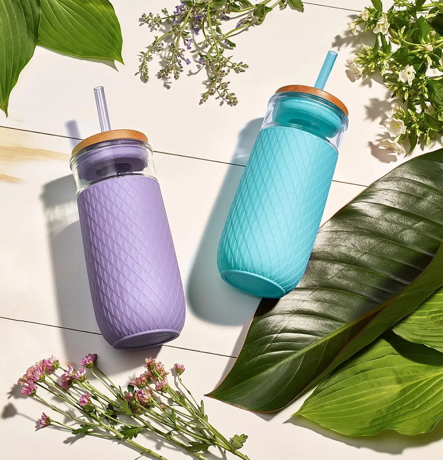 Ello Devon Glass Tumbler with Straw, Friction Fit Bamboo Wood Lid and Silicone Sleeve