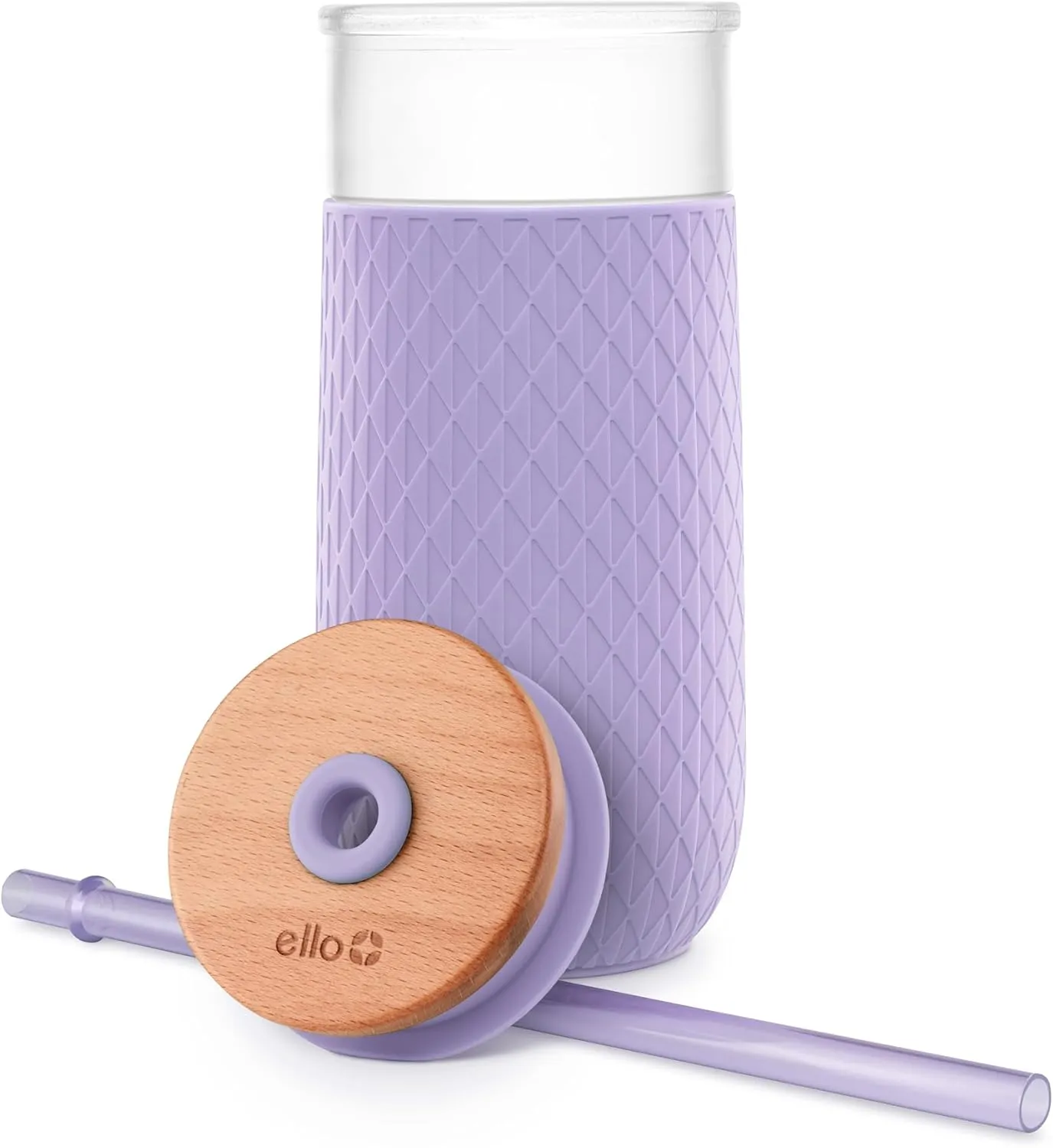 Ello Devon Glass Tumbler with Straw, Friction Fit Bamboo Wood Lid and Silicone Sleeve