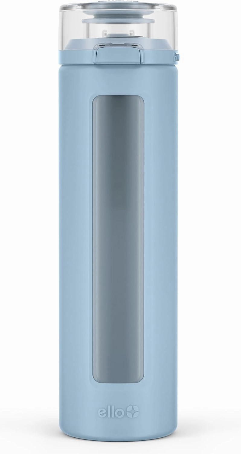 Ello Syndicate 20oz Reusable Glass Water Bottle with One-Touch Leak Proof Flip Lid and Protective Non-Slip Silicone Sleeve and Carry Loop for Coffee, Tea and Water, BPA-free Dishwasher Safe