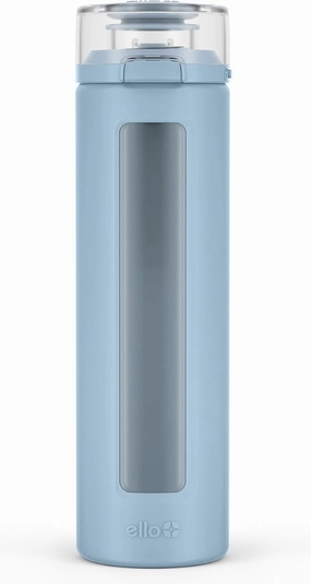 Ello Syndicate 20oz Reusable Glass Water Bottle with One-Touch Leak Proof Flip Lid and Protective Non-Slip Silicone Sleeve and Carry Loop for Coffee, Tea and Water, BPA-free Dishwasher Safe