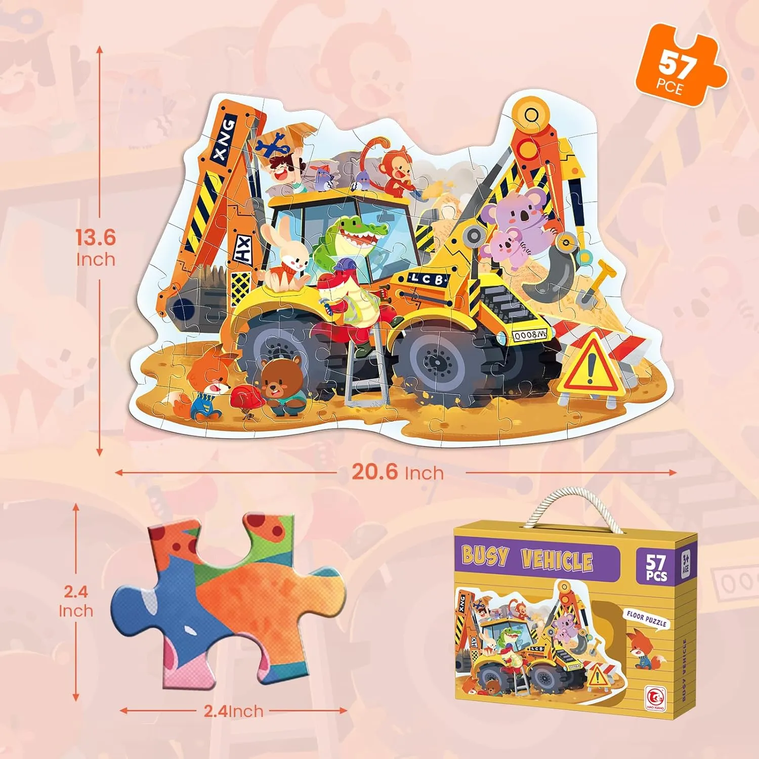 ELX 57 Piece Site Vemicle Jigsaw Puzzle for Kids 3 , Large Floor Puzzle for Preschool Learning with Storage Bag, Educational Toy Gift Birthday and Christmas for Boys Girls