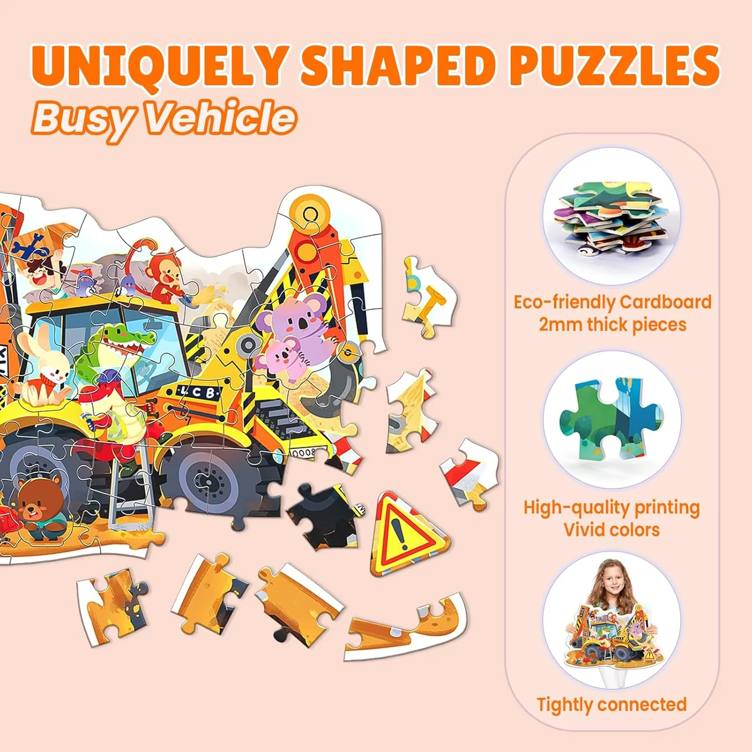 ELX 57 Piece Site Vemicle Jigsaw Puzzle for Kids 3 , Large Floor Puzzle for Preschool Learning with Storage Bag, Educational Toy Gift Birthday and Christmas for Boys Girls