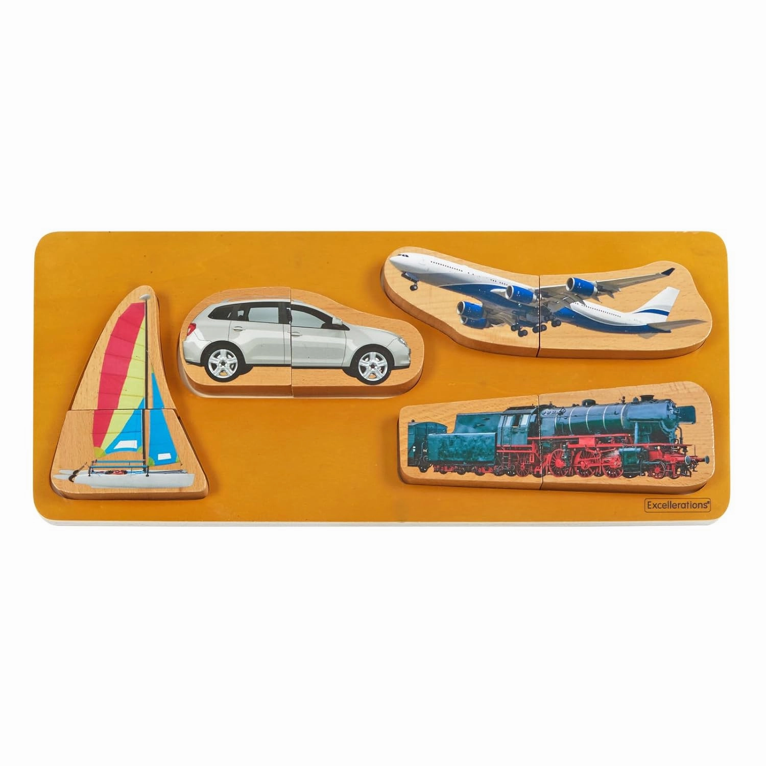 Excellerations Wooden Transportation Puzzle for Toddlers, 4-Piece Puzzle, Educational Toy