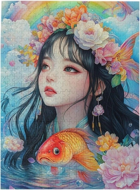 Exquisite Jigsaw Puzzle 500 Piece,Koi Fish and Flower Crowned Girl,Enchanting Water Garden Scene,Adult Wooden Puzzles Game,Relax and Enjoy The Fun of Solving,Complete with Family Friend