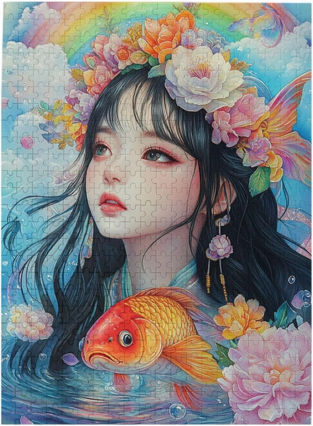 Exquisite Jigsaw Puzzle 500 Piece,Koi Fish and Flower Crowned Girl,Enchanting Water Garden Scene,Adult Wooden Puzzles Game,Relax and Enjoy The Fun of Solving,Complete with Family Friend