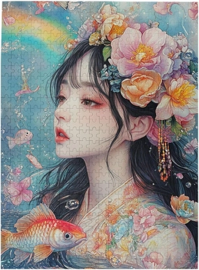 Exquisite Jigsaw Puzzle 500 Piece,Woman Wearing Floral Crown with Koi Fish,Adult Wooden Puzzles Game,Relax and Enjoy The Fun of Solving,Every Piece is Unique,Complete with Family Friend