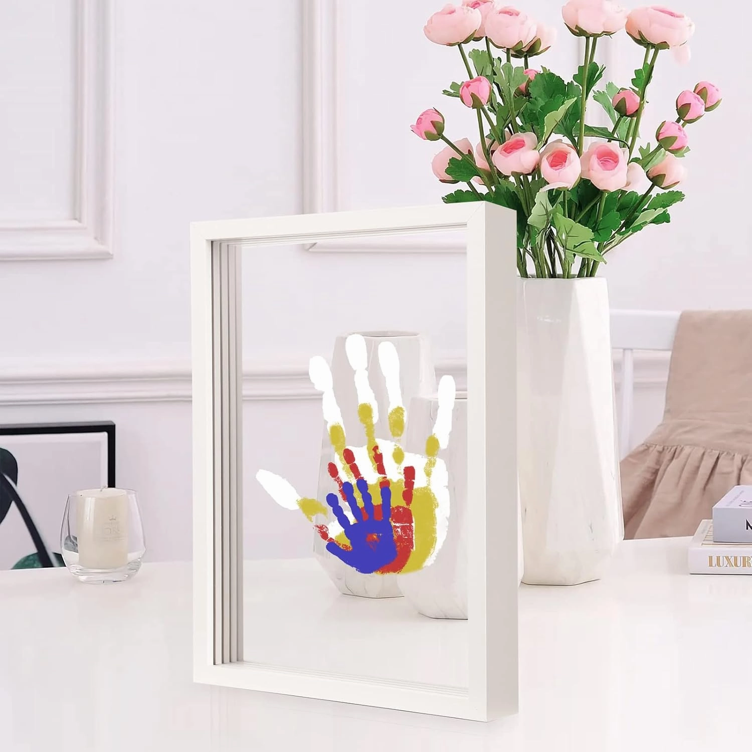 Family Handprint Kit, DIY Craft Keepsake Wooden Frame, Endless Gift Set, Non-Toxic Paints, Transparent Sheets (White)