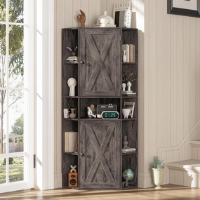 Farmhouse Corner Cabinet, Corner Storage Cabinet with Doors and Adjustable Shelves Freestanding Organizer 10-Cubby Bookshelf Home Space Saver for Bathroom, Living Room (Grey)