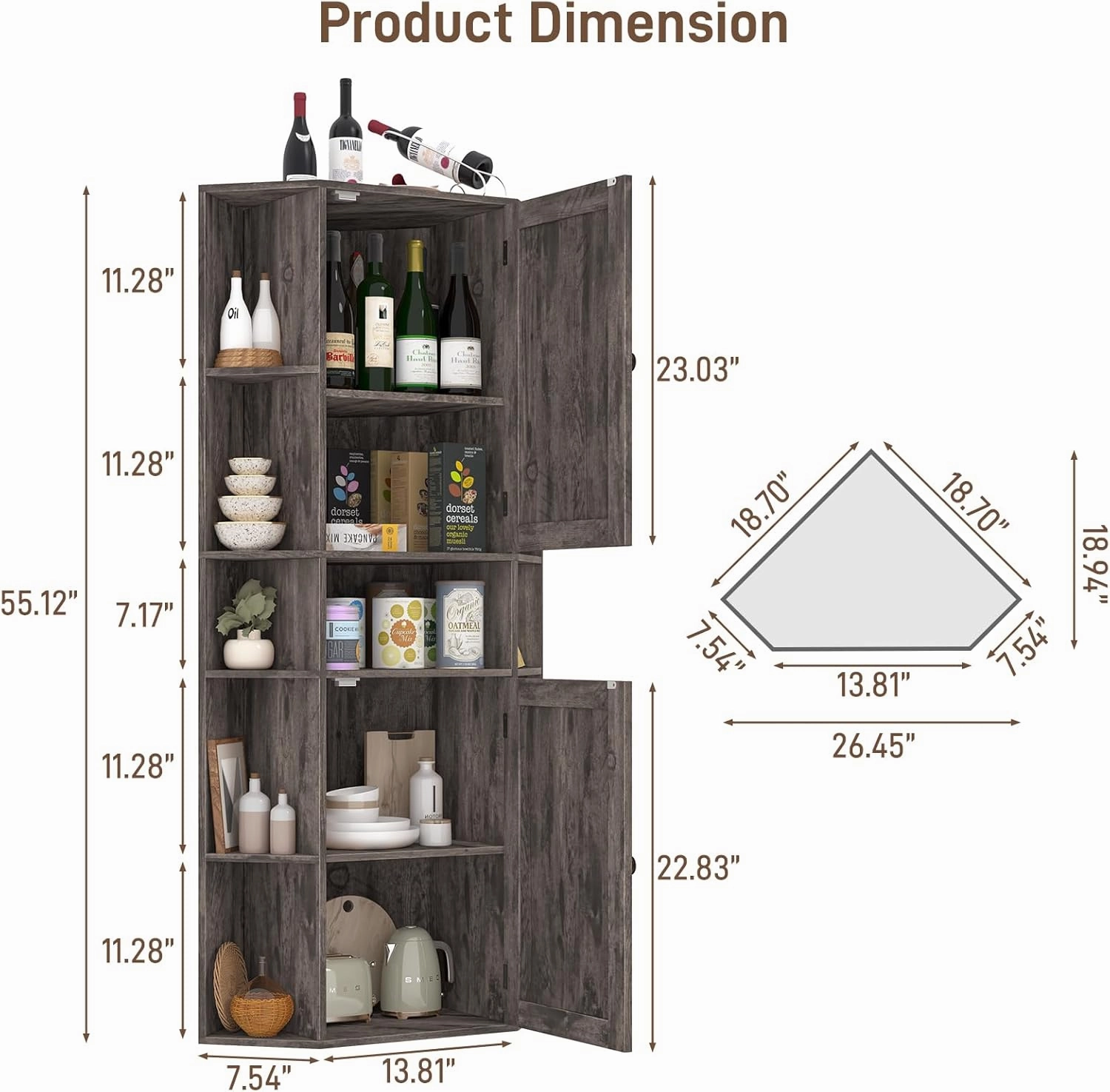 Farmhouse Corner Cabinet, Corner Storage Cabinet with Doors and Adjustable Shelves Freestanding Organizer 10-Cubby Bookshelf Home Space Saver for Bathroom, Living Room (Grey)