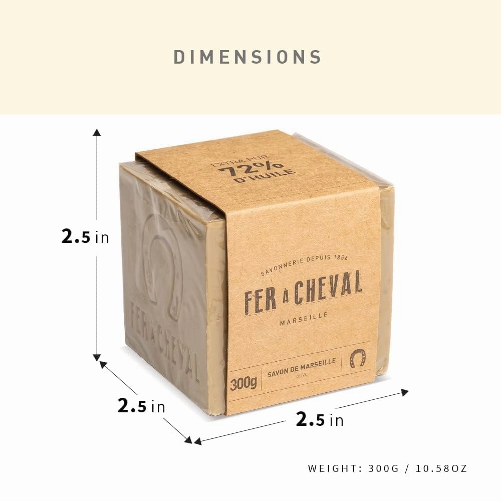 Fer à Cheval Pure Olive Authentic Savon De Marseille Soap Bar | Natural Plant-Based Savon Marseille Soap Cube with French Olive Oil Soap | 300g, 2 Pack