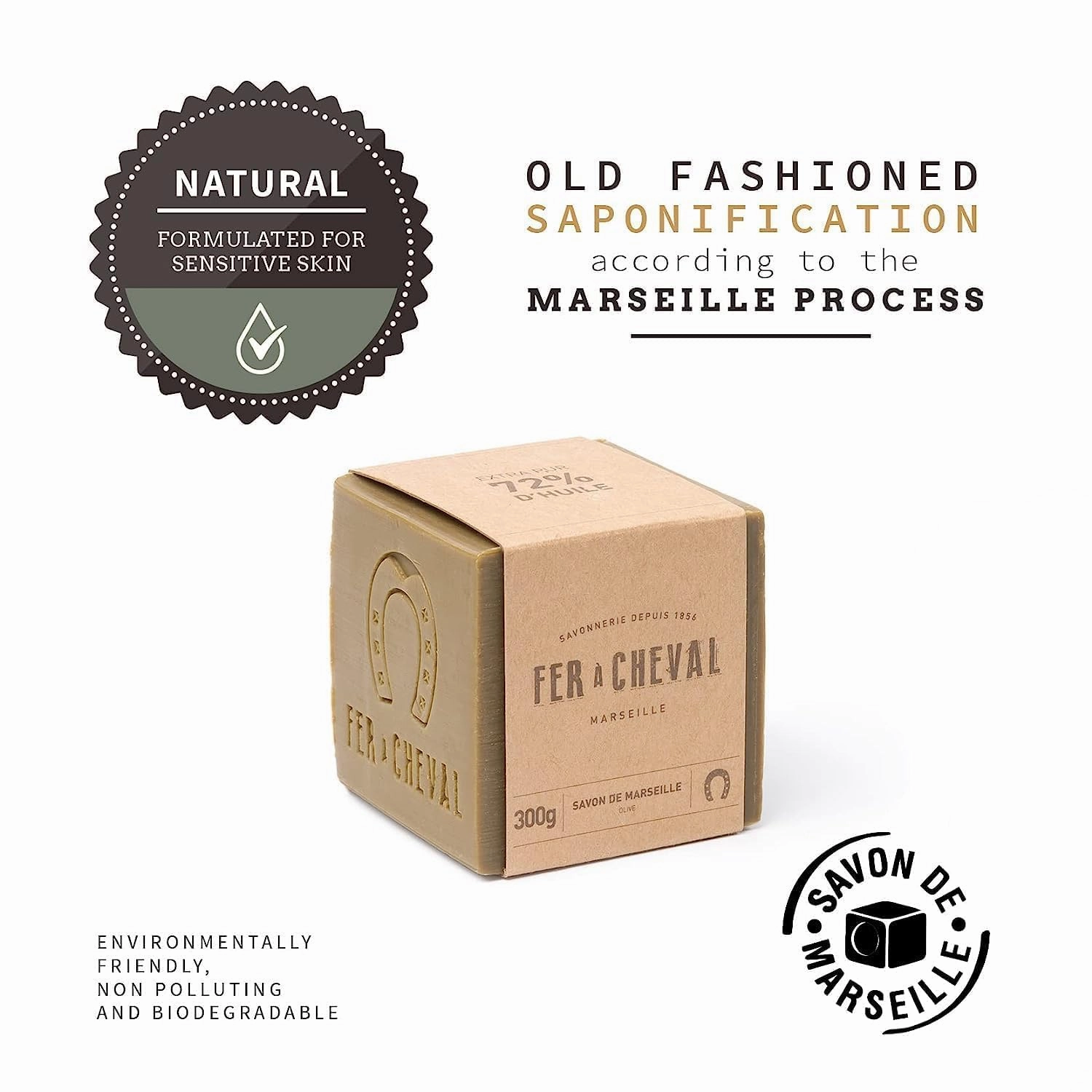 Fer à Cheval Pure Olive Authentic Savon De Marseille Soap Bar | Natural Plant-Based Savon Marseille Soap Cube with French Olive Oil Soap | 300g, 2 Pack