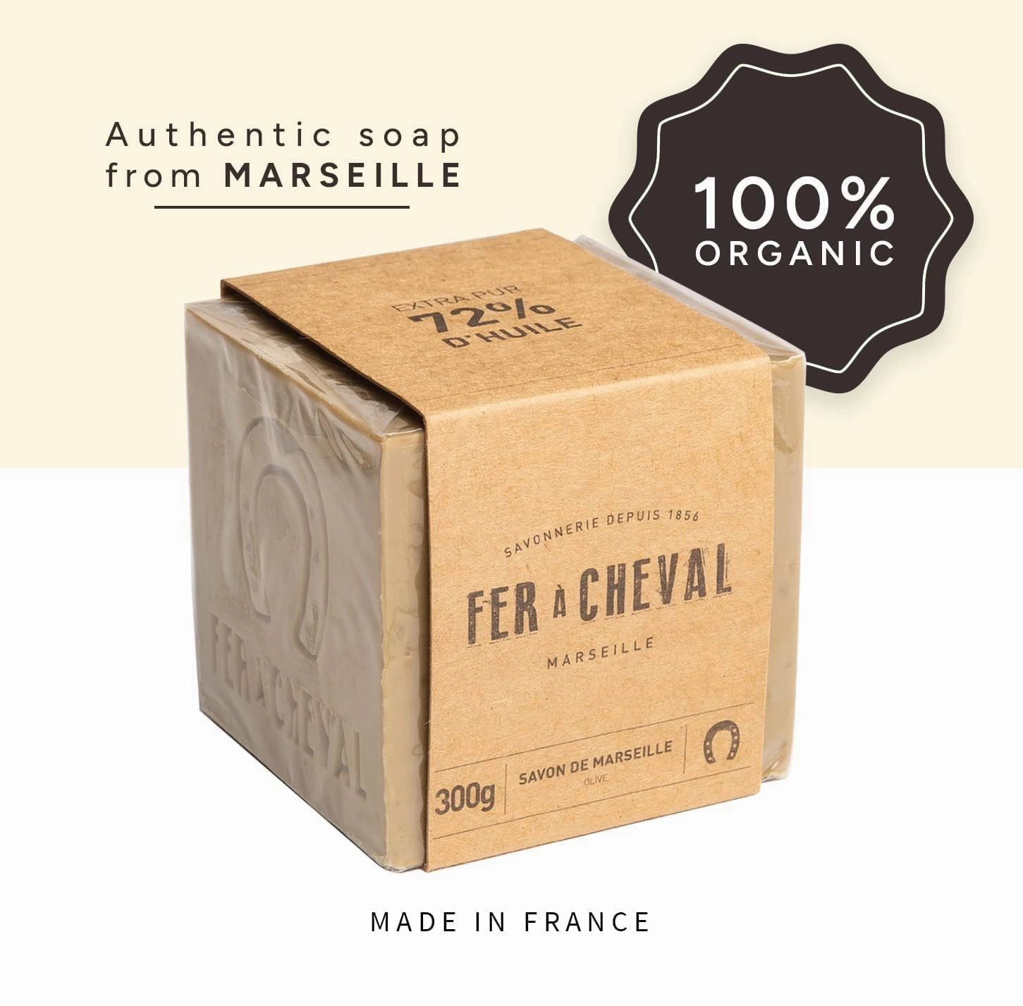 Fer à Cheval Pure Olive Authentic Savon De Marseille Soap Bar | Natural Plant-Based Savon Marseille Soap Cube with French Olive Oil Soap | 300g, 2 Pack