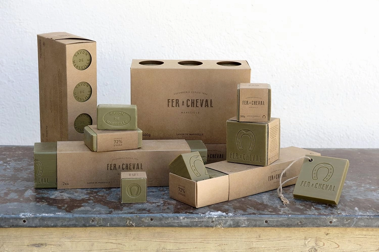 Fer à Cheval Pure Olive Oil Marseille Soap Cube - Natural & Hypoallergenic Artisan Crafted Cleanser for Skin & Home, 300g/10.58oz