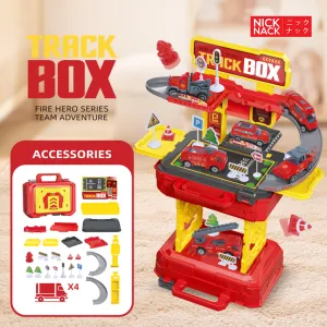 Fire Fighting Series Track Toy with Portable Storage Box - 4 Trucks (Red)