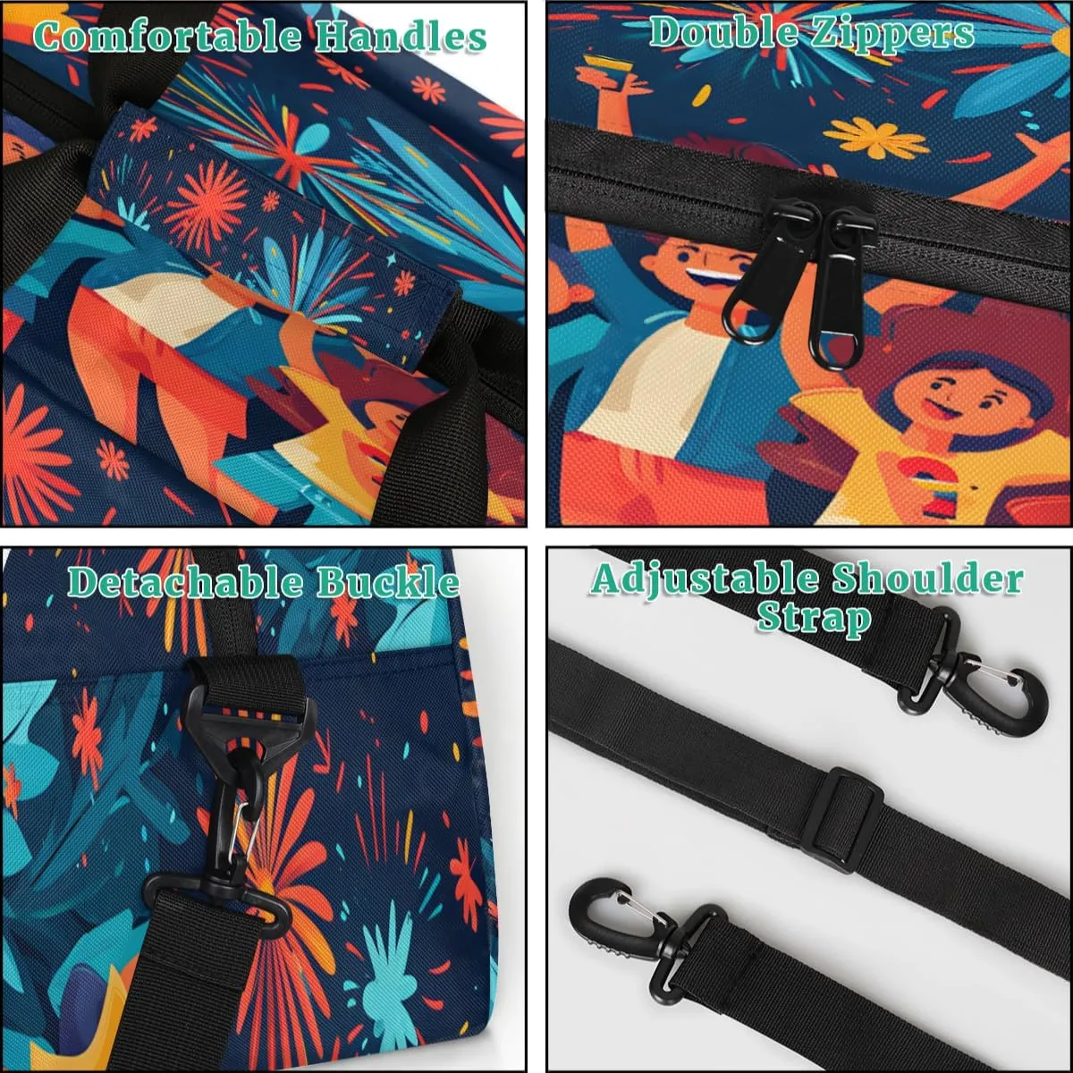 Fireworks Celebrate People Kids Overnighter Duffel Bags for Boys, Carry-On Size Sports Gym Bag with Front Zipper Pocket for School Practice or Overnight Travel Weekender Sleepover Tote Bag