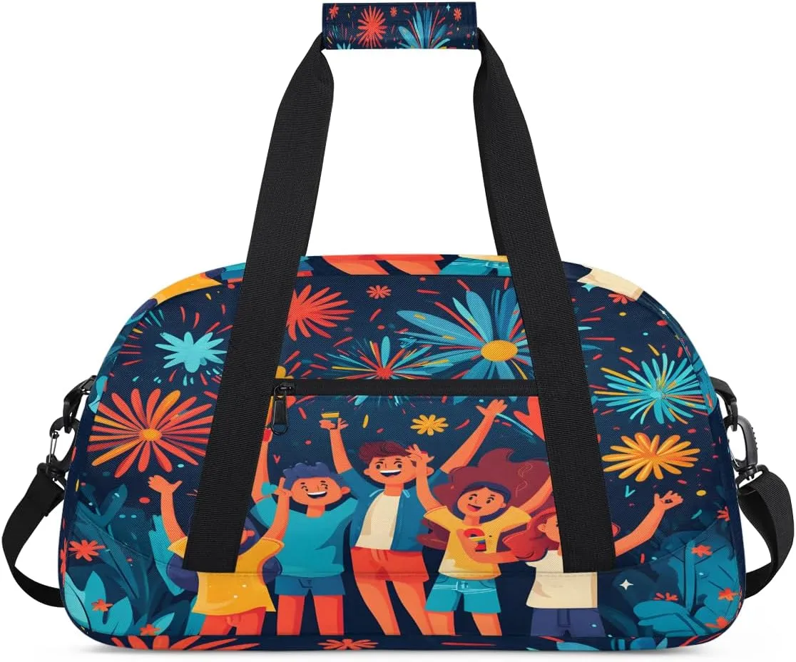 Fireworks Celebrate People Kids Overnighter Duffel Bags for Boys, Carry-On Size Sports Gym Bag with Front Zipper Pocket for School Practice or Overnight Travel Weekender Sleepover Tote Bag