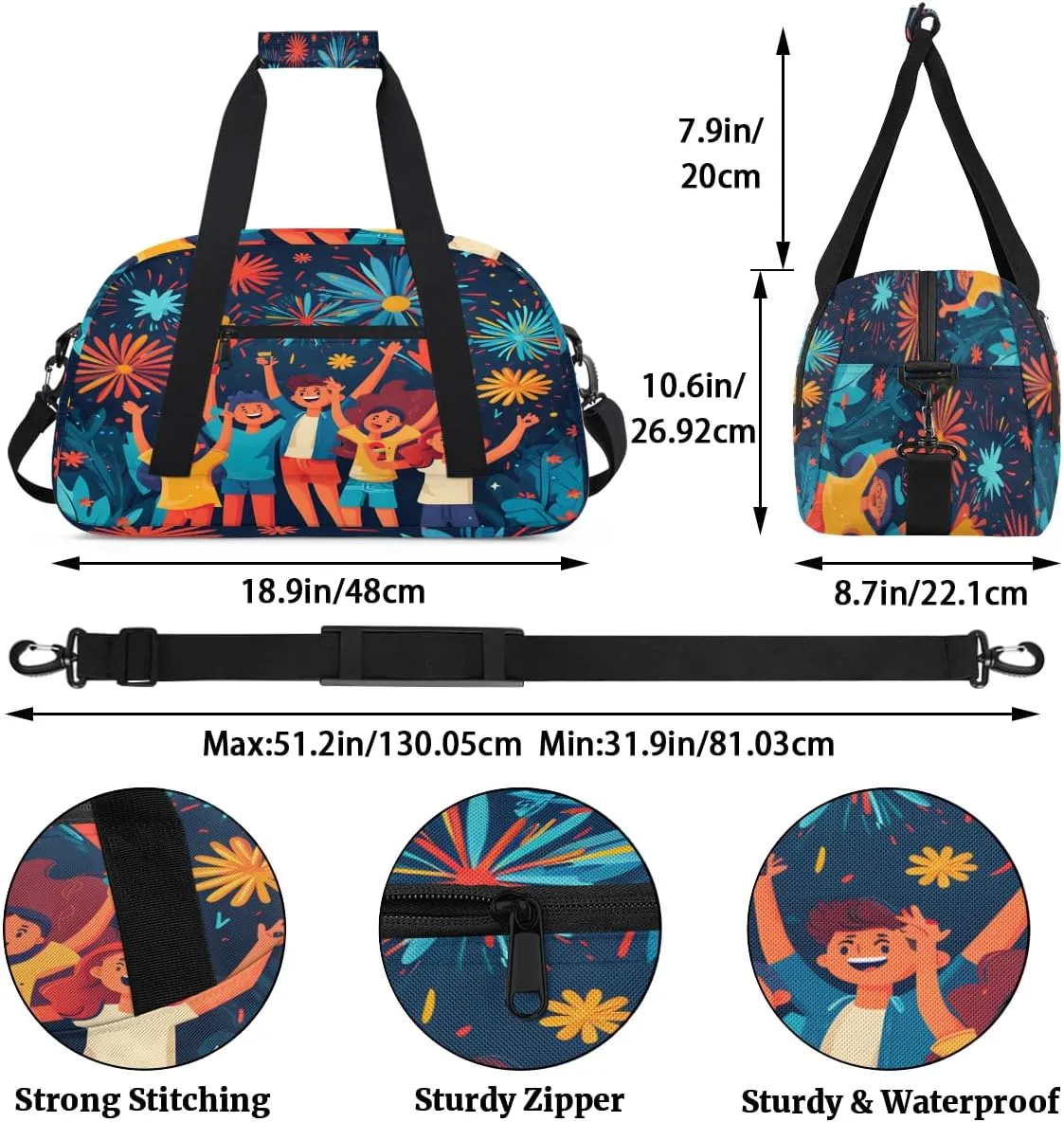 Fireworks Celebrate People Kids Overnighter Duffel Bags for Boys, Carry-On Size Sports Gym Bag with Front Zipper Pocket for School Practice or Overnight Travel Weekender Sleepover Tote Bag