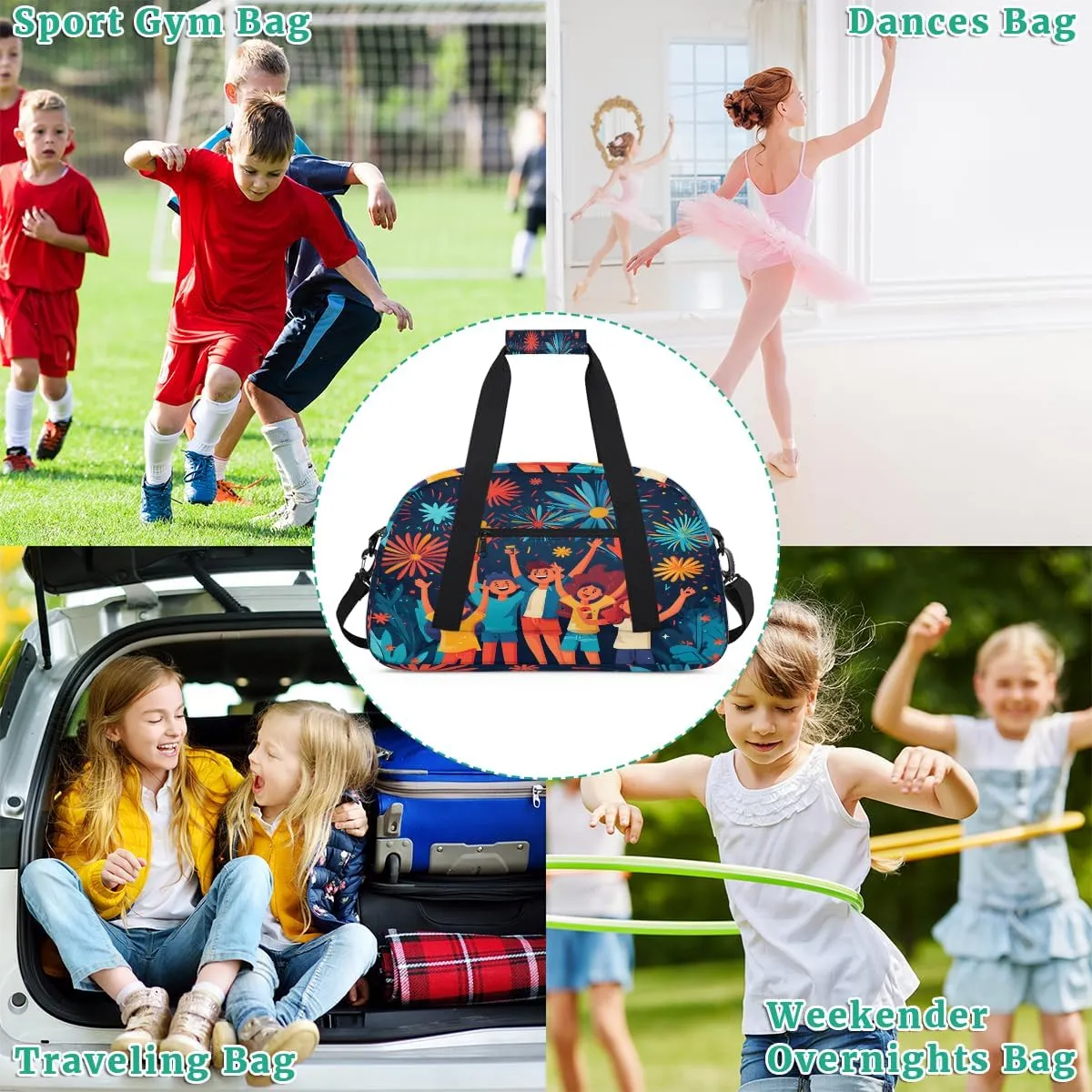 Fireworks Celebrate People Kids Overnighter Duffel Bags for Boys, Carry-On Size Sports Gym Bag with Front Zipper Pocket for School Practice or Overnight Travel Weekender Sleepover Tote Bag
