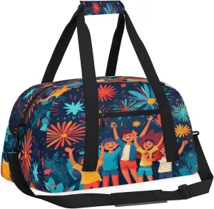 Fireworks Celebrate People Kids Overnighter Duffel Bags for Boys, Carry-On Size Sports Gym Bag with Front Zipper Pocket for School Practice or Overnight Travel Weekender Sleepover Tote Bag