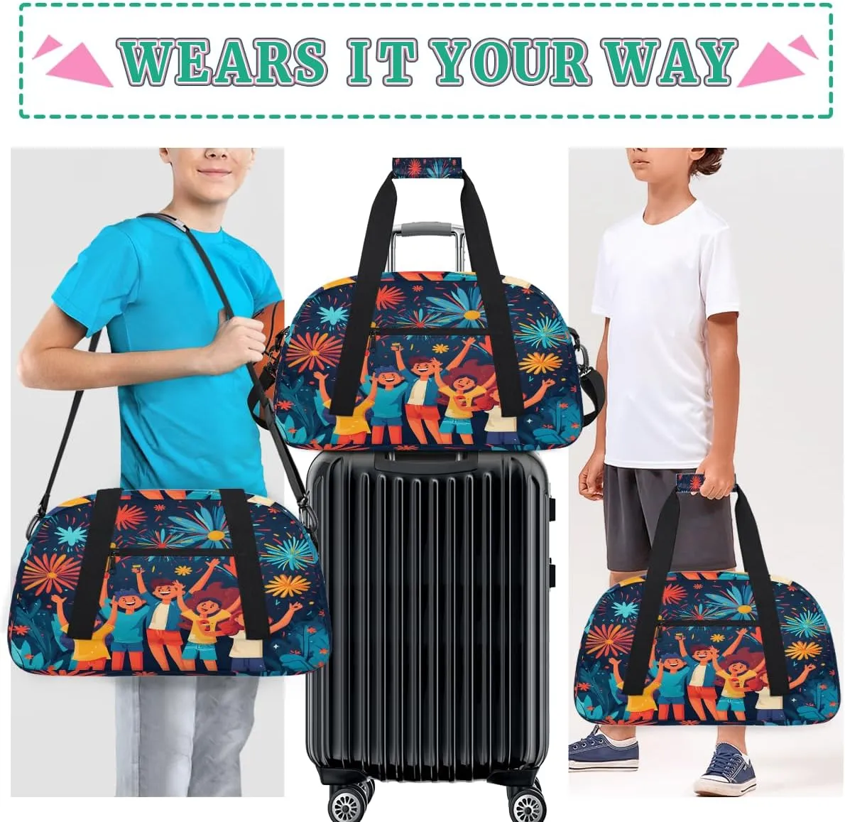 Fireworks Celebrate People Kids Overnighter Duffel Bags for Boys, Carry-On Size Sports Gym Bag with Front Zipper Pocket for School Practice or Overnight Travel Weekender Sleepover Tote Bag