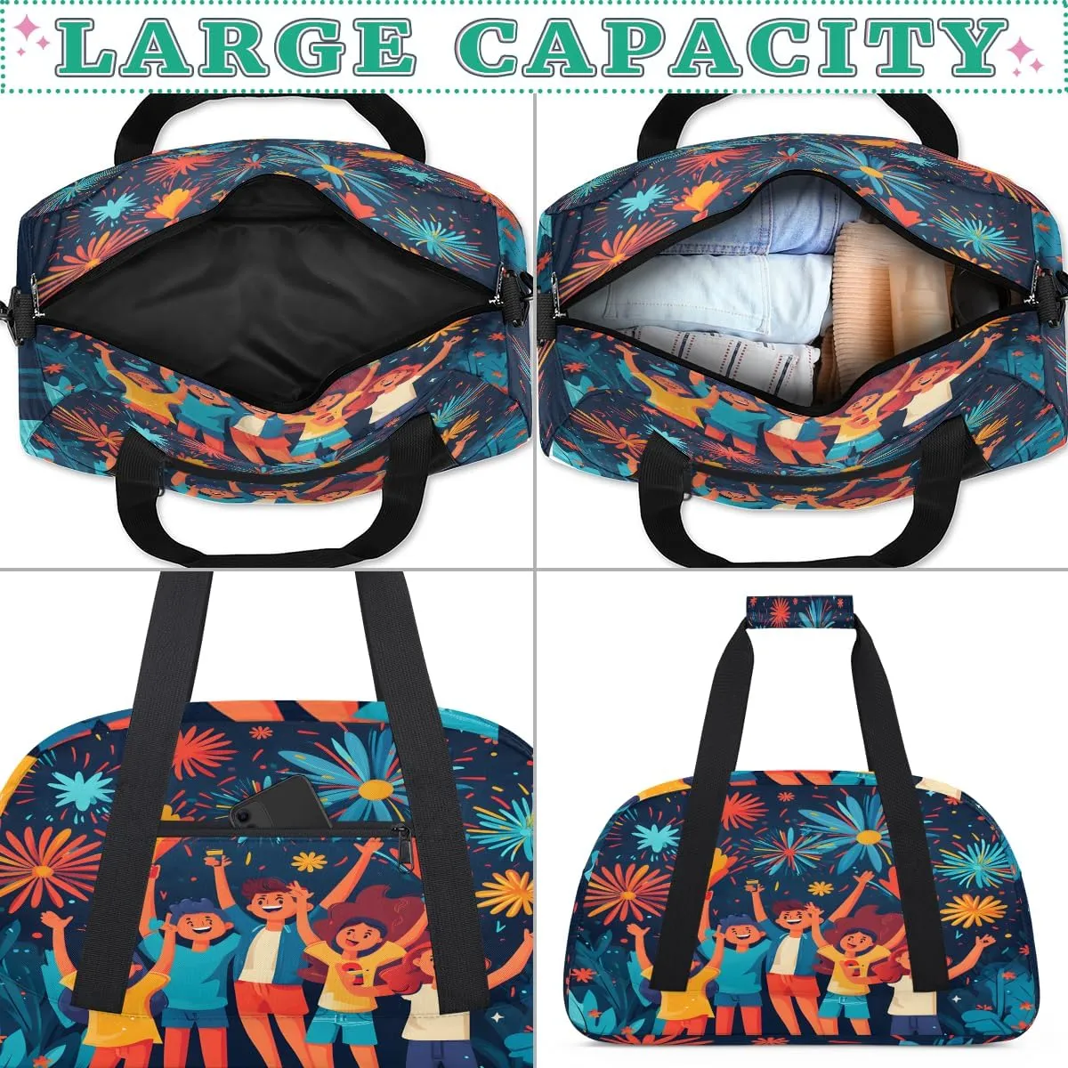 Fireworks Celebrate People Kids Overnighter Duffel Bags for Boys, Carry-On Size Sports Gym Bag with Front Zipper Pocket for School Practice or Overnight Travel Weekender Sleepover Tote Bag